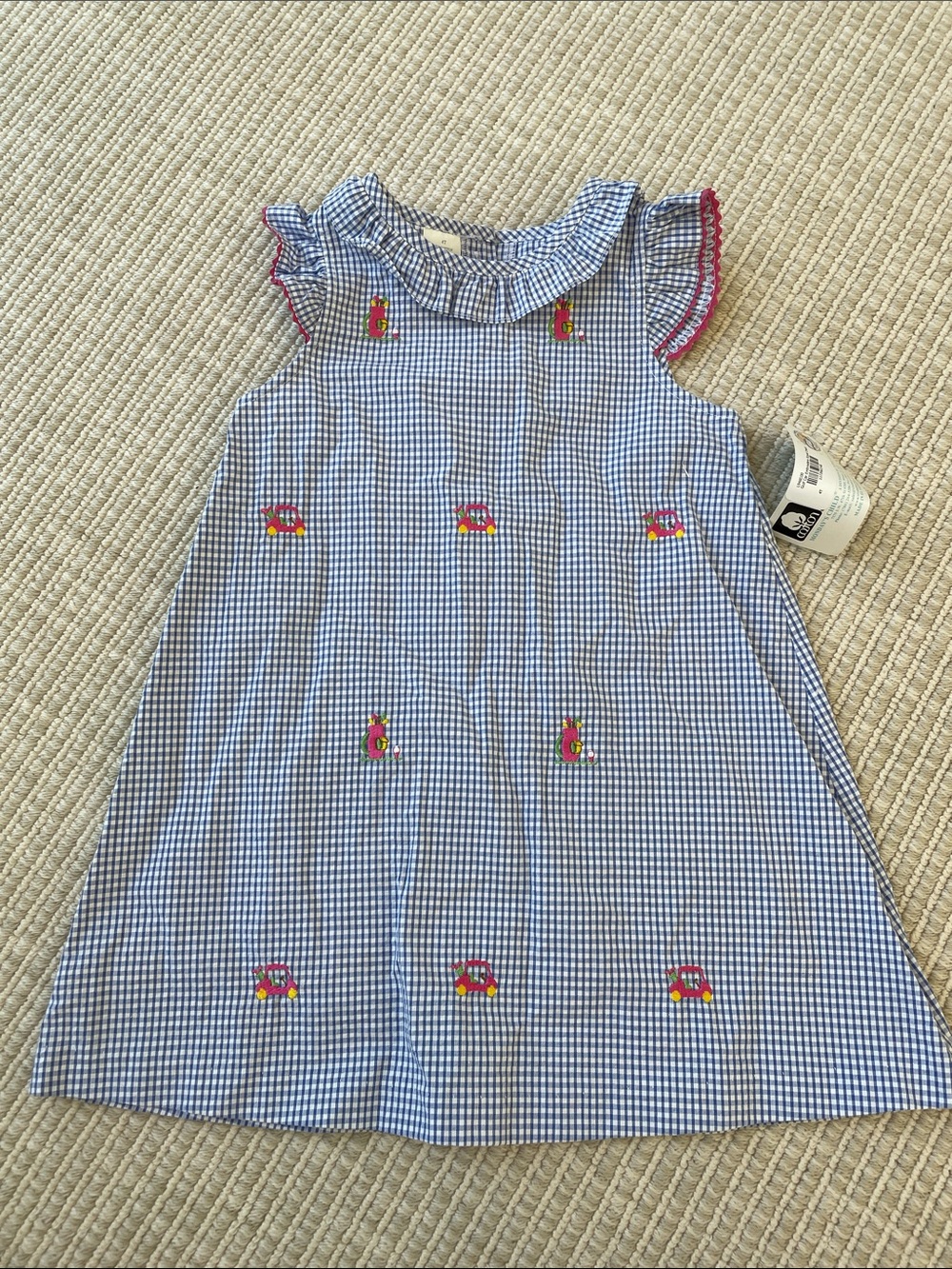NWT Girls Blue Gingham Ruffle Collar Dress with Embroidered Golf Carts